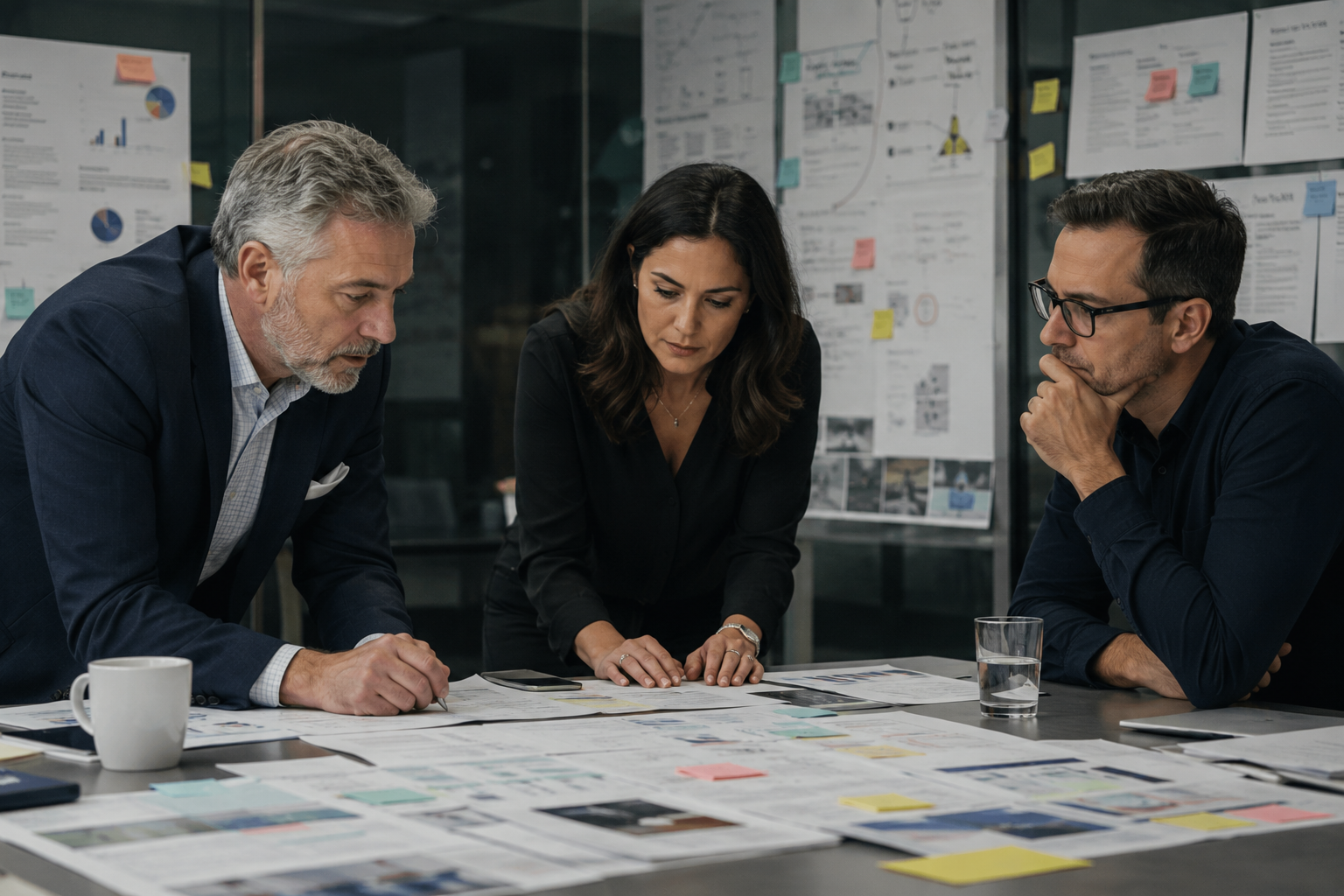 Estrategas senior revisando posicionamiento de mercado y decisiones de crecimiento en una sala de estrategia