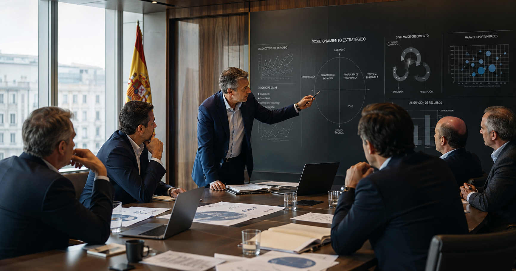 Equipo directivo y estrategico definiendo la posicion competitiva de una empresa en una sesion ejecutiva