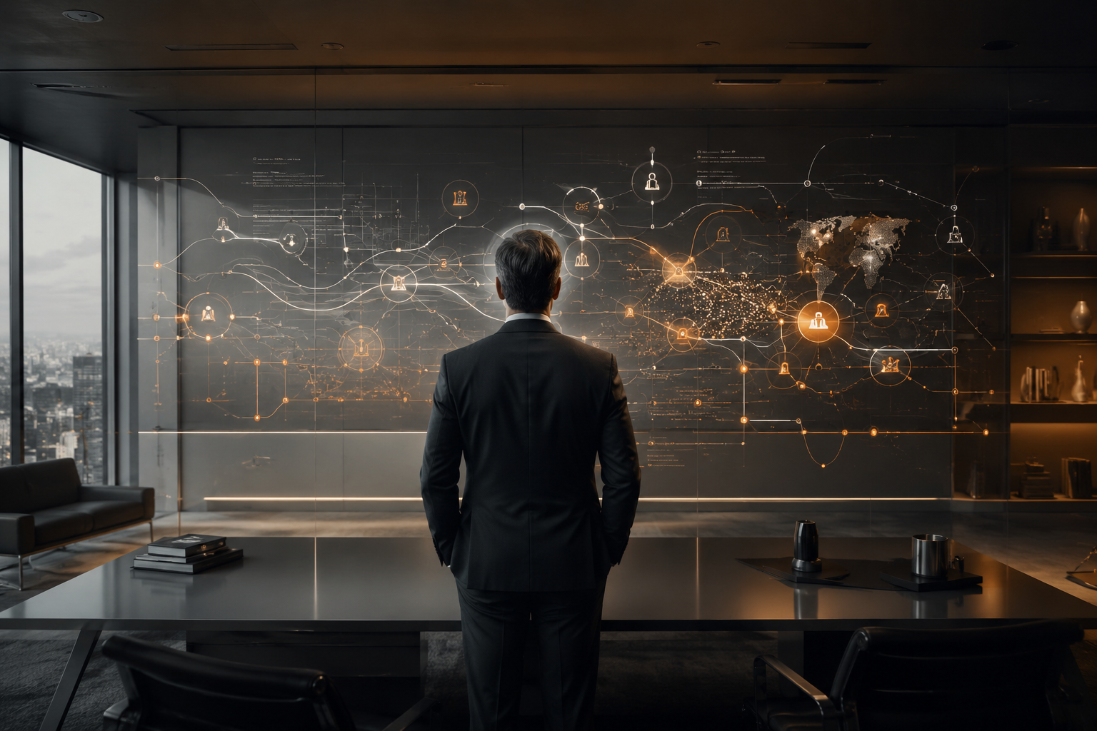 Dirección estratégica supervisando sistemas inteligentes en la empresa