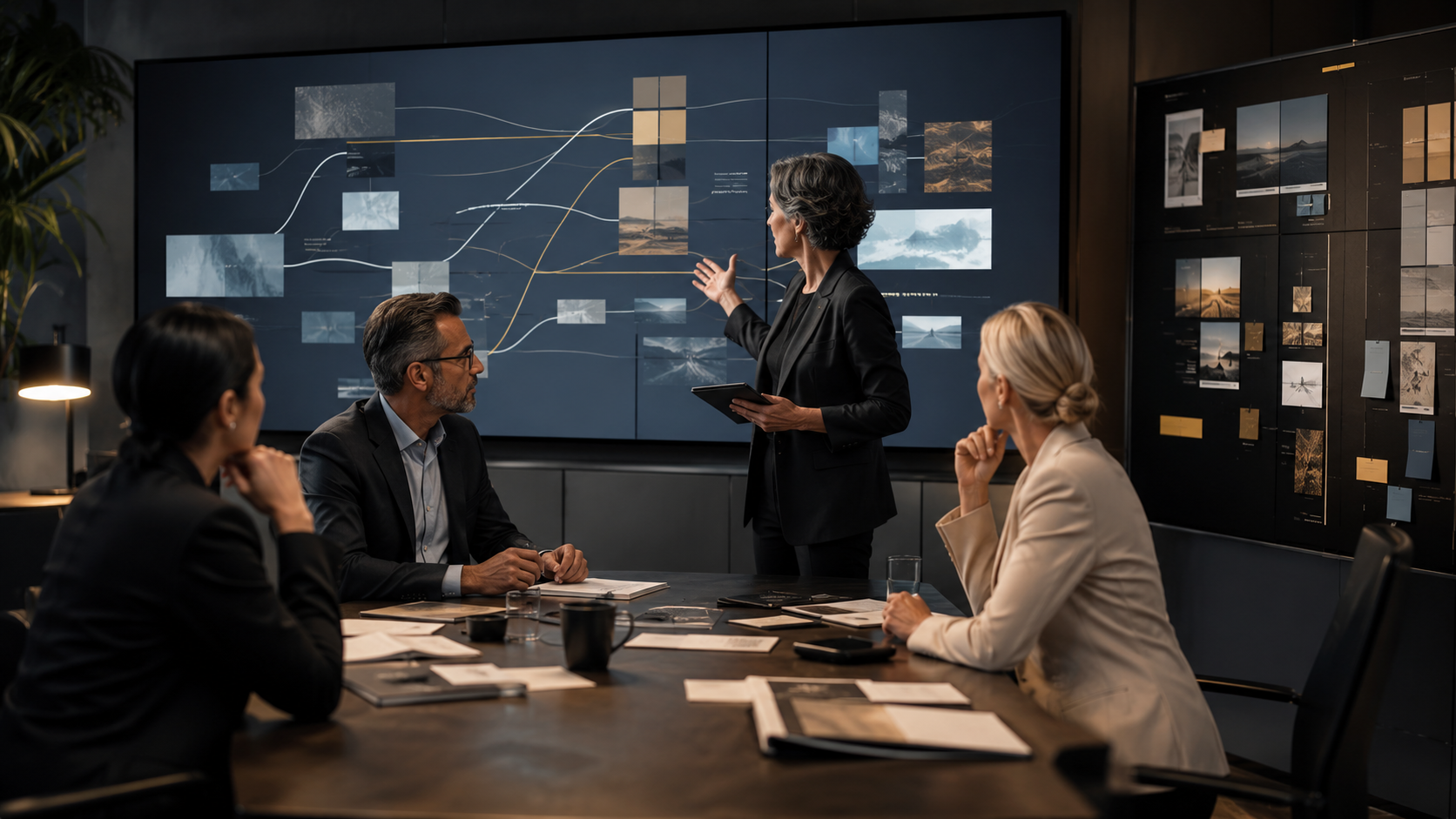 Equipo senior alineando comunicacion estrategica narrativa de mercado y autoridad de marca