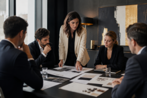 Equipo directivo revisando un sistema de marca y posicionamiento en una sala de estrategia