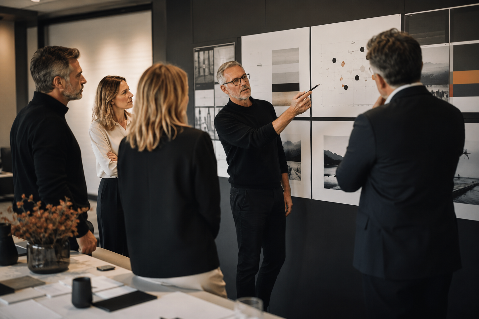 Equipo senior trabajando el posicionamiento y el mensaje de marca en una sesion estrategica