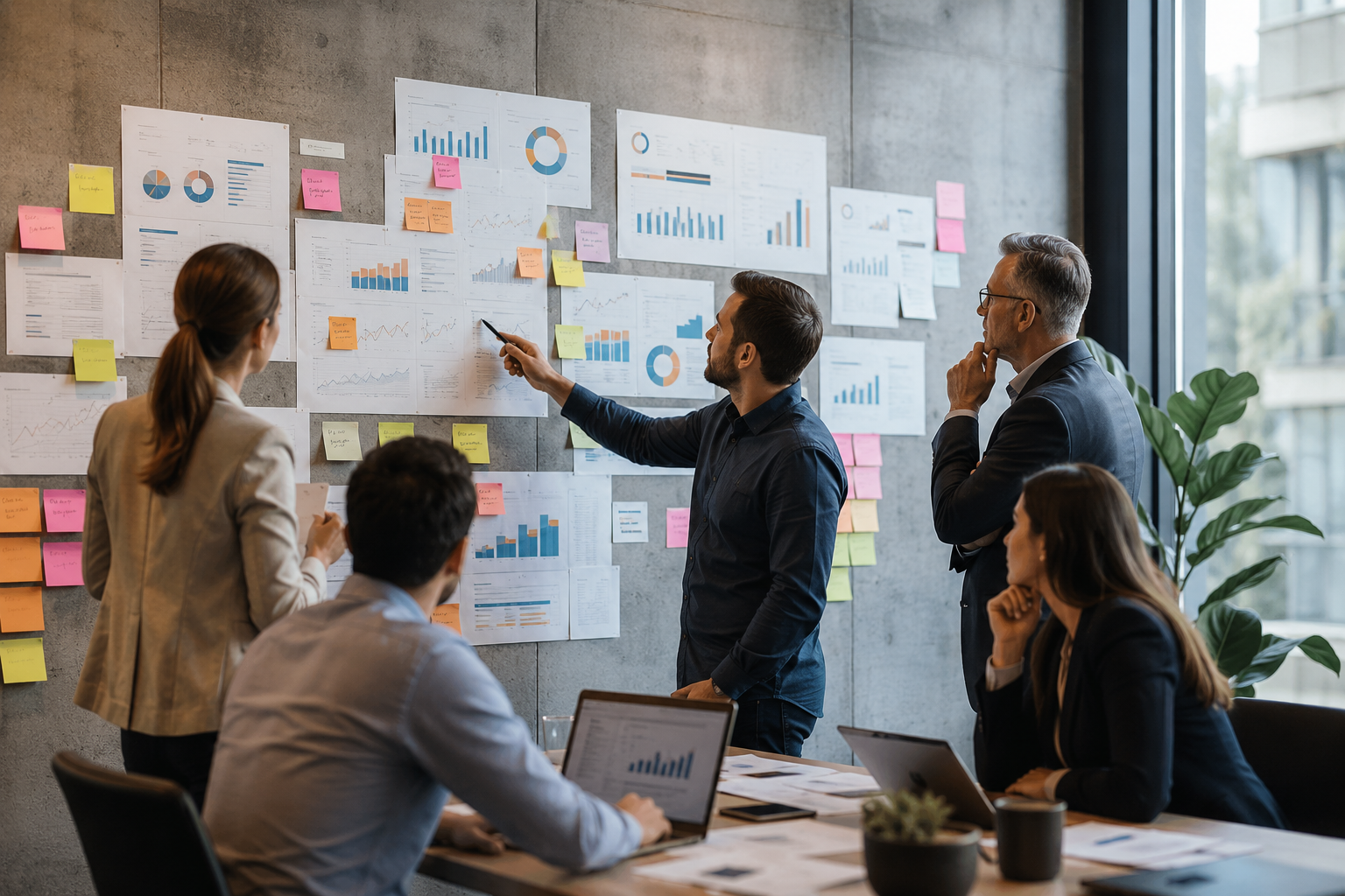 Equipo de marketing y direccion analizando canales y cuellos de botella de crecimiento