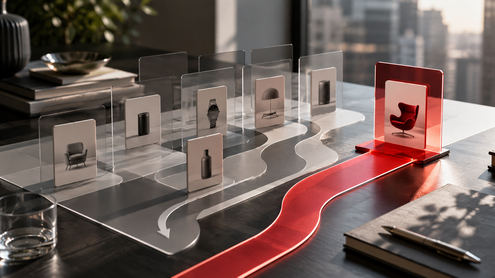 Mesa estratégica con rutas de posicionamiento para construir una empresa difícil de comparar