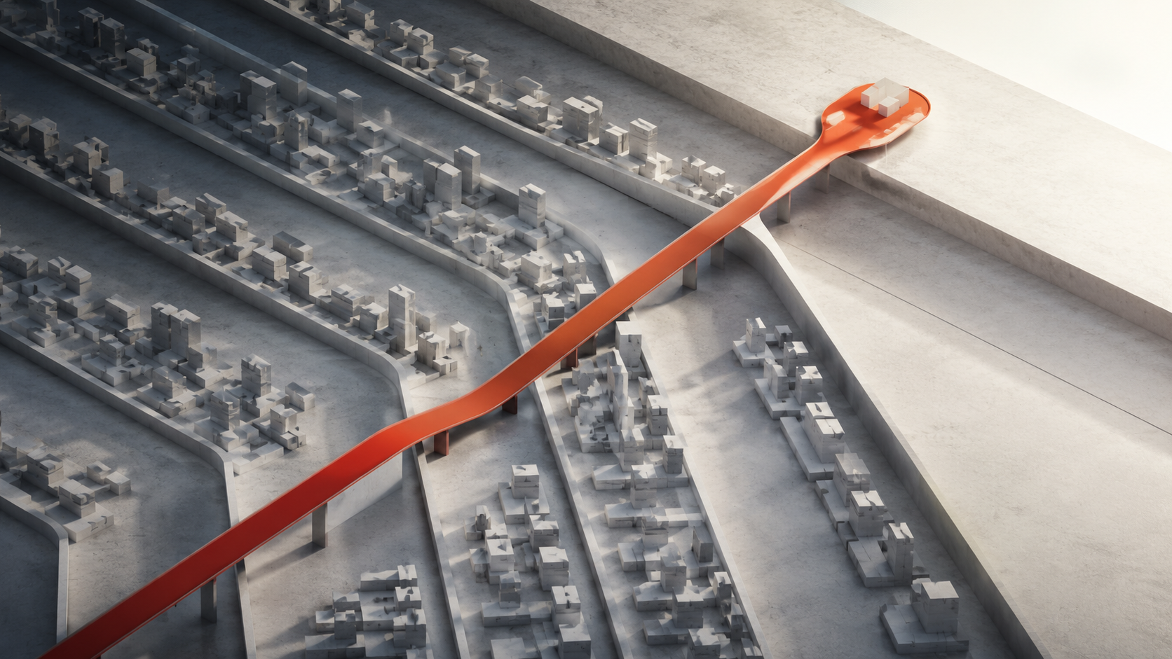 Maqueta de mercado con una ruta elevada que simboliza liderazgo competitivo y posición propia