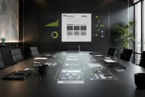 Mesa de direccion con mapa estrategico de conversion web proyectado