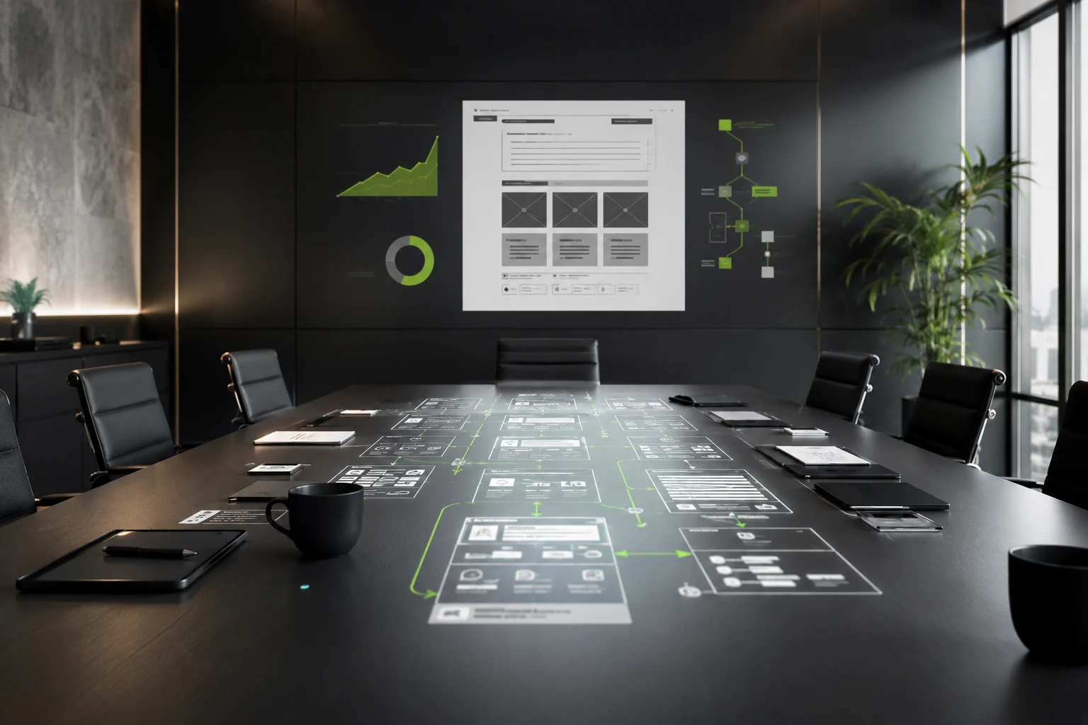 Mesa de direccion con mapa estrategico de conversion web proyectado