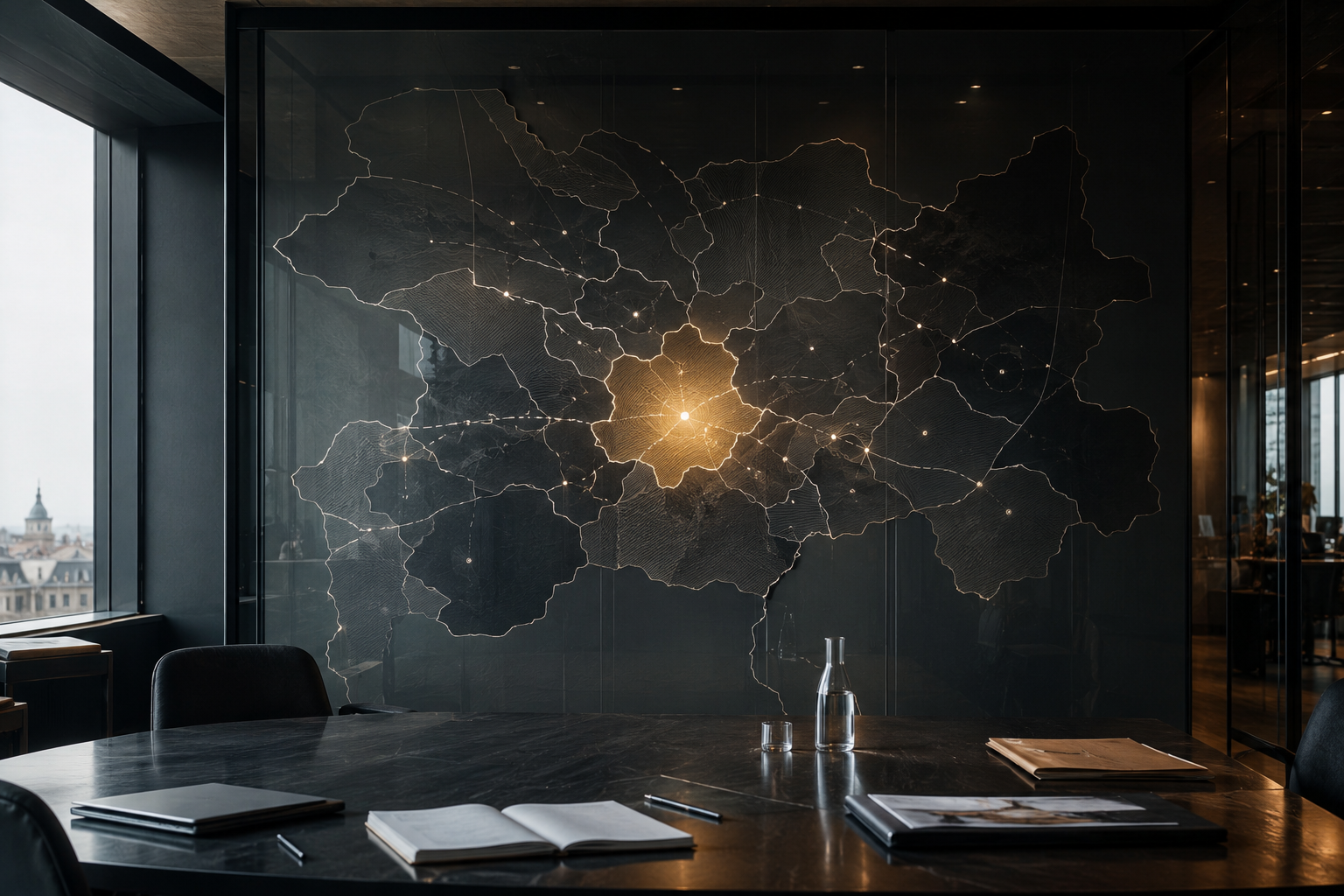 Mapa estratégico de mercado con una posición central iluminada que representa liderazgo de mercado